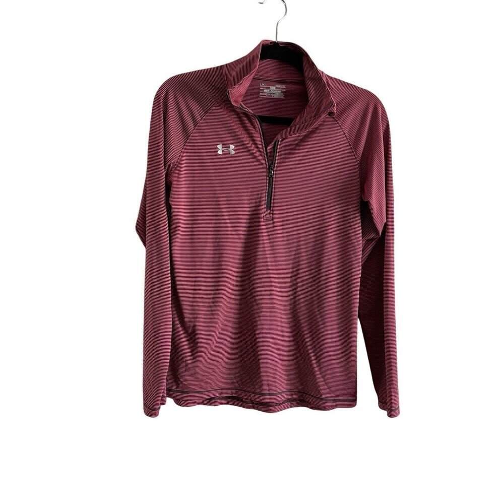 Under Armour Heat Gear Women S Pink Gray Loose Fit Stripe Tech 1/4 Zip Top